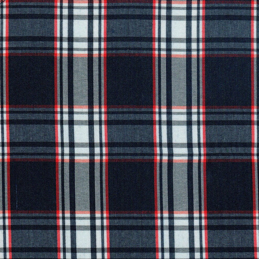 Tela en color azul con franjas blancas y lineas rojas para uniforme escolar