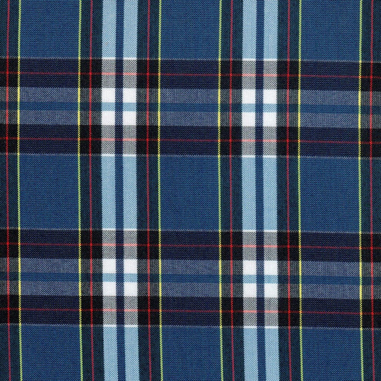 Tela escolar para uniforme en color azul con franjas negras y blancas y lineas amarillas y rojas