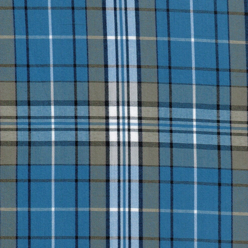 Tela azul clara a cuadros y rayas en blanco, gris y negro para uniformes escolares