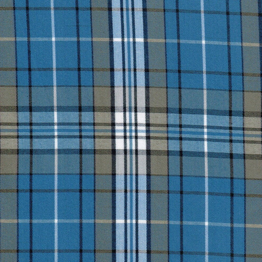 Tela azul clara a cuadros y rayas en blanco, gris y negro para uniformes escolares