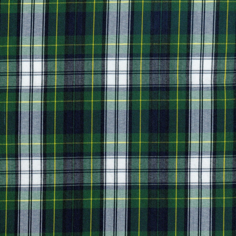 Tela verde a cuadros con franjas blancas, azules y detalles amarillos para uniformes escolares