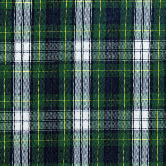 Tela verde a cuadros con franjas blancas, azules y detalles amarillos para uniformes escolares
