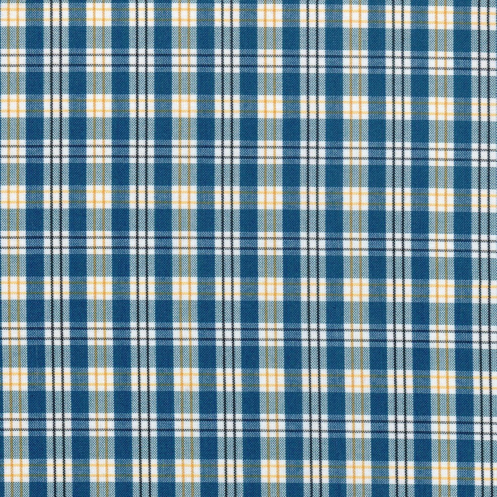 Tela a cuadros con franjas blancas y azules con rayas negras y amarillas para uniforme