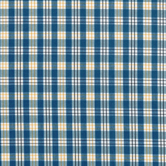 Tela a cuadros con franjas blancas y azules con rayas negras y amarillas para uniforme