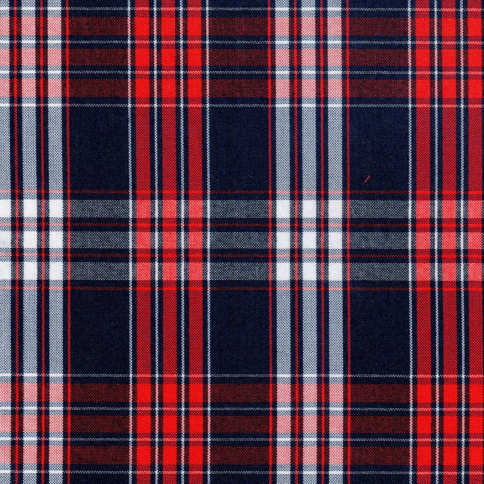 Tela azul a cuadros con franjas rojas y blancas con lineas rojas y blancas para uniforme