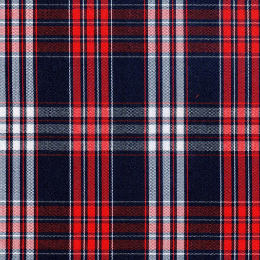 Tela azul a cuadros con franjas rojas y blancas con lineas rojas y blancas para uniforme