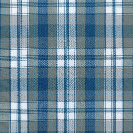 Tela gris con franjas azules y blancas para uniformes escolares