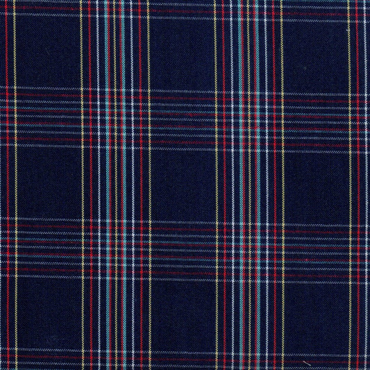 Tela para uniforme azul con lineas en colores rojo y amarillo formando cuadros