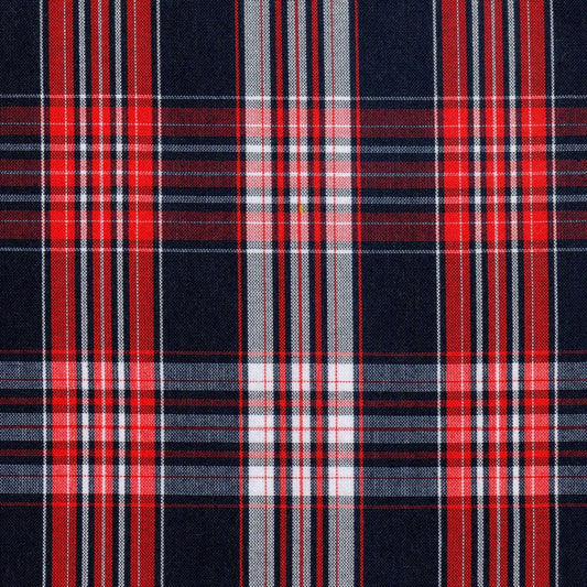 Tela para uniforme en color azul oscuro con franjas rojas y blancas formando cuadros 