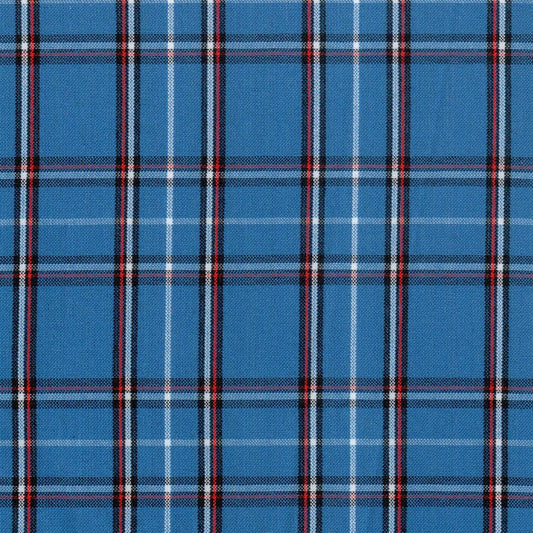 Tela para uniforme azul con lineas negras, rojas y blancas formando cuadros 