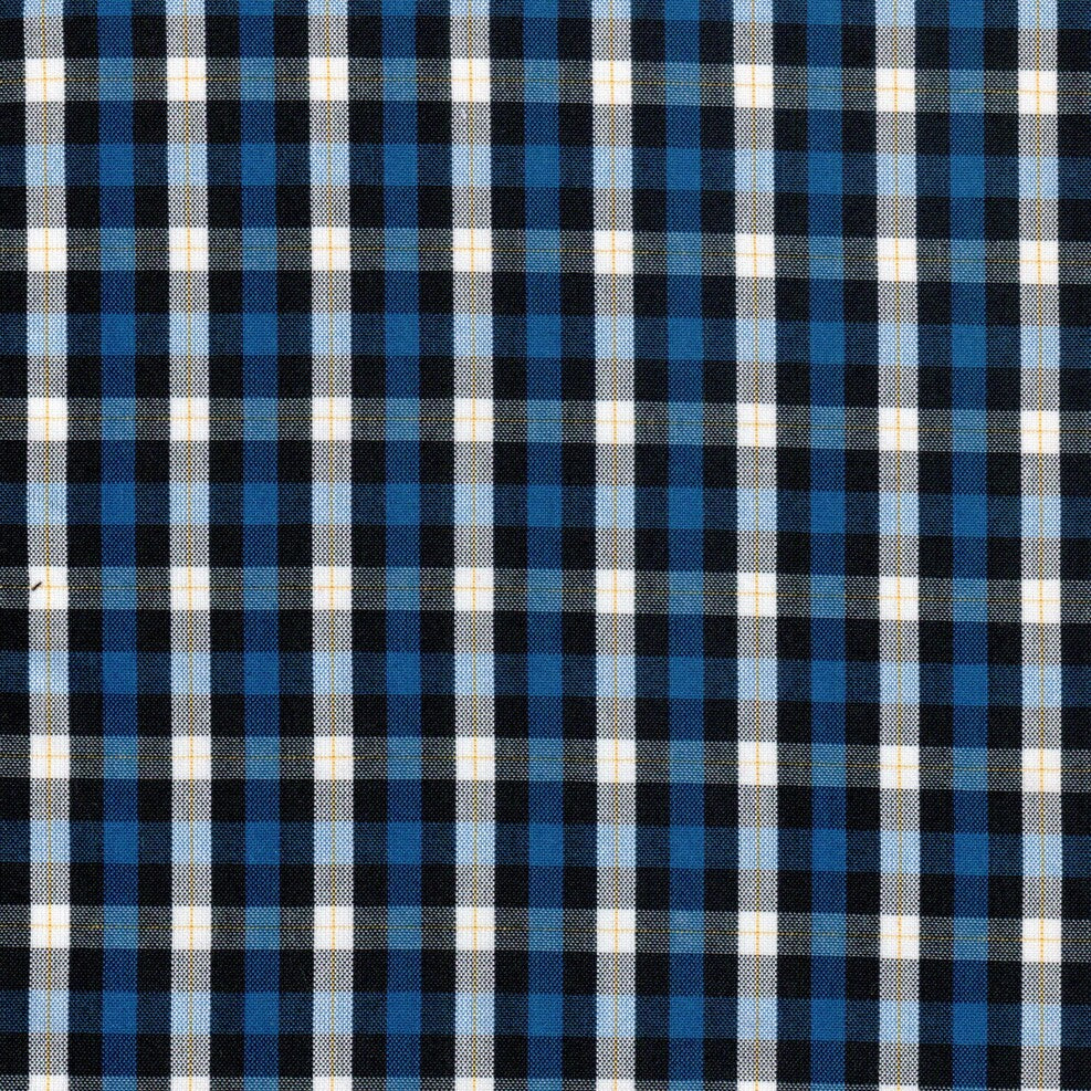 Tela de uniforme a cuadros azules, blancos y negros con detalles amarillos
