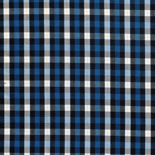 Tela de uniforme a cuadros azules, blancos y negros con detalles amarillos
