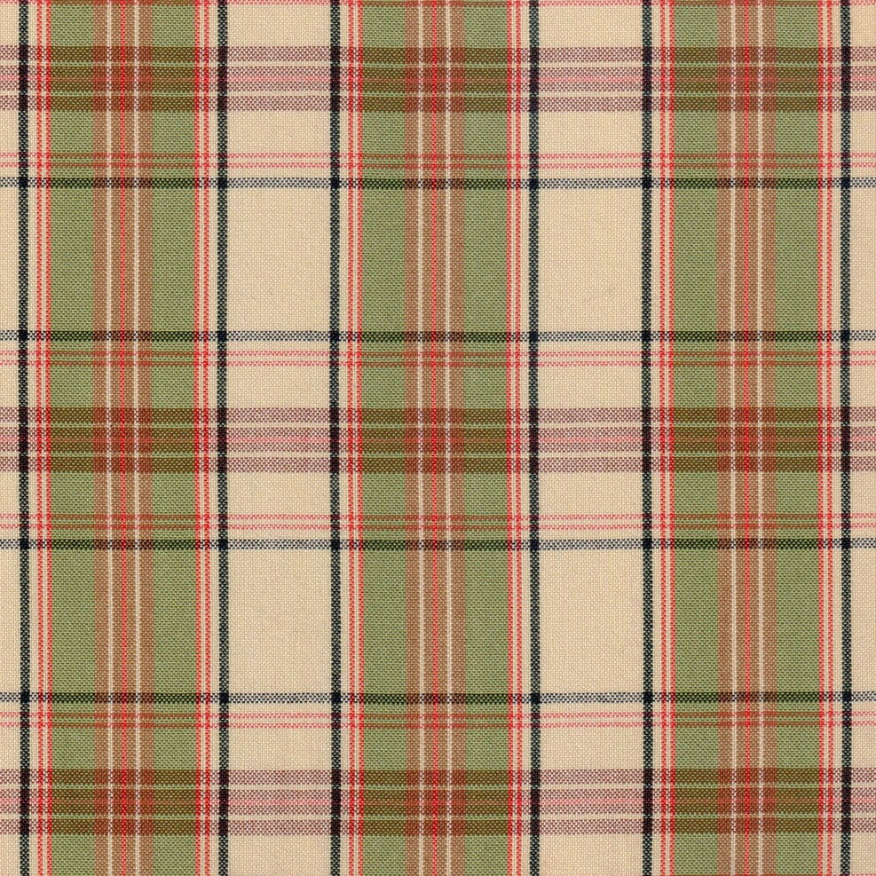 Tela escocesa en colores beige y verde con lineas negras y rojas para uniforme