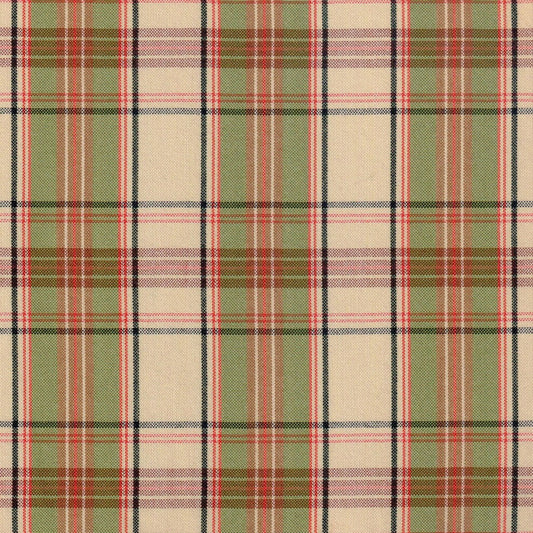 Tela escocesa en colores beige y verde con lineas negras y rojas para uniforme