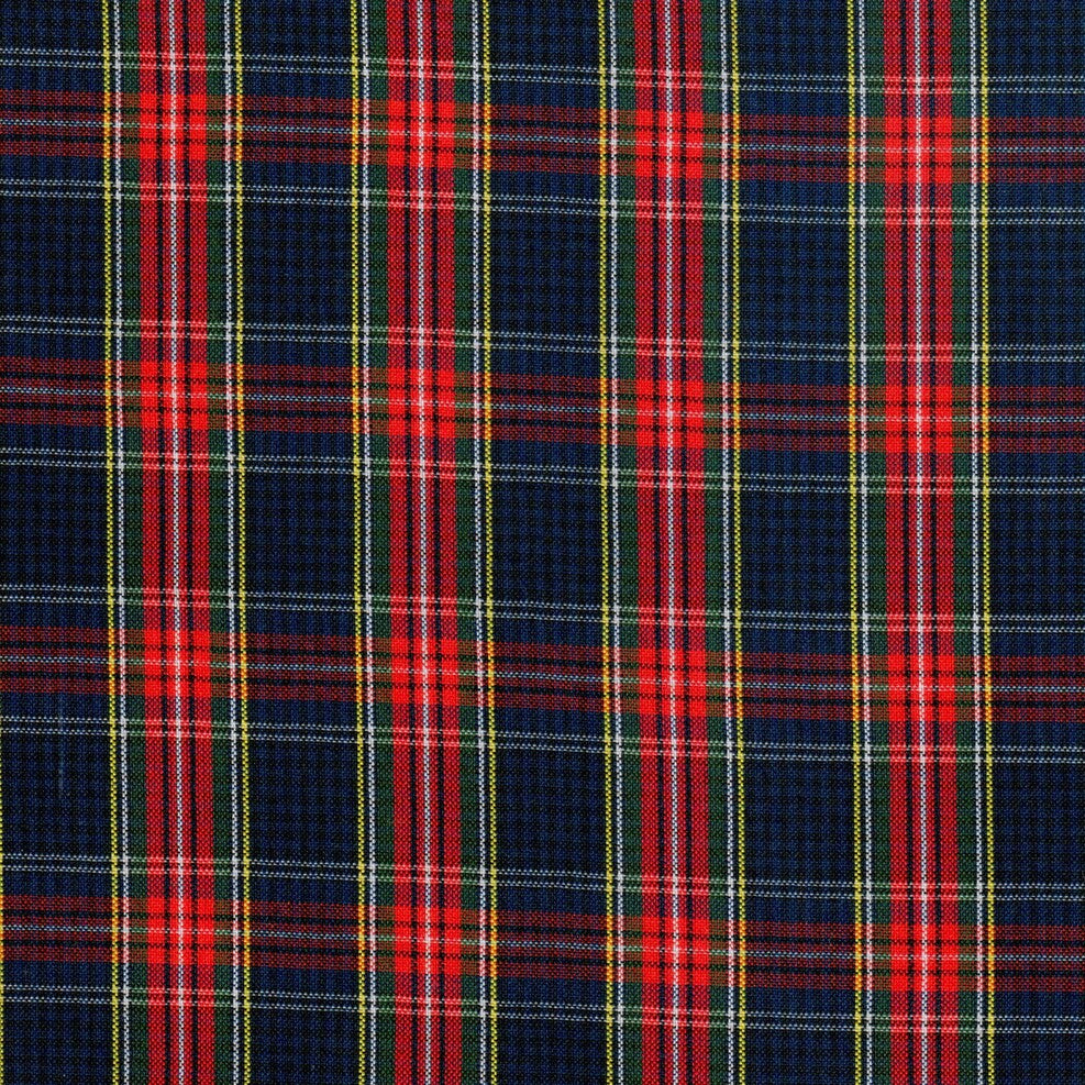 Tela escocesa en colores rojo y azul con lineas amarillas y blancas para uniforme