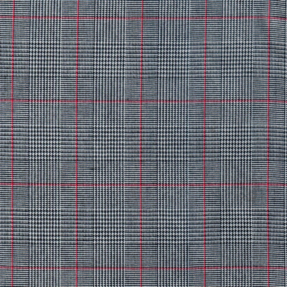 Tela con diseño Príncipe de Gales en tonos gris y negro con finas líneas rojas para uniforme