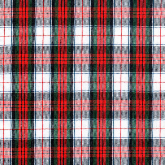 Tela escocesa en colores blanco, verde y roja con lineas rojas y azules para uniformes 