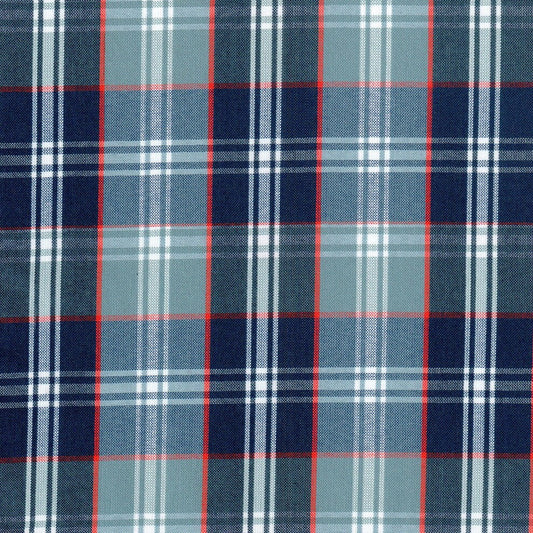 Tela para uniformes a cuadros en color azul y gris con lineas rojas y blancas para uniforme