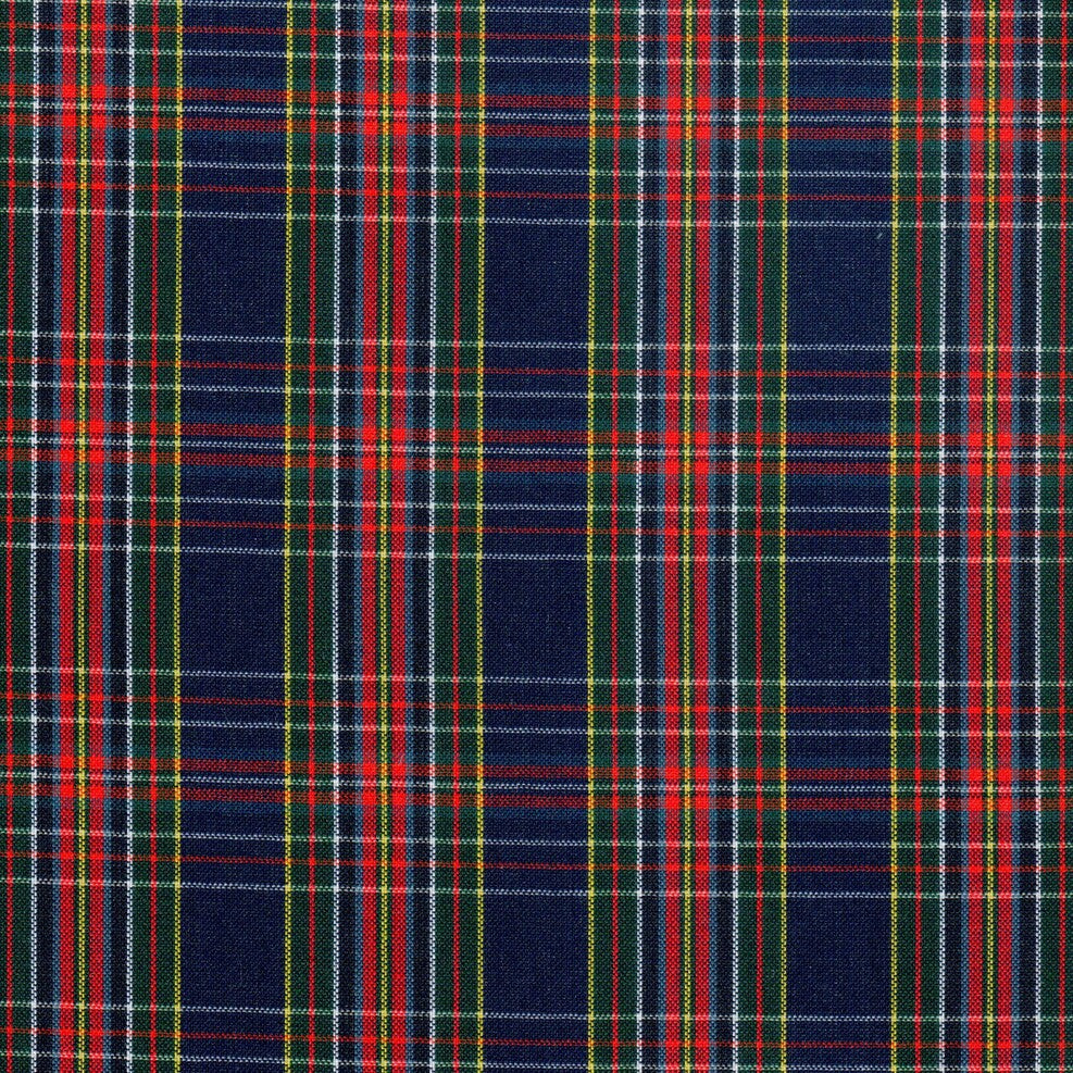 Tela escocesa en tonos azul marino con cuadros rojos, verdes, amarillos y blancos.