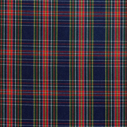 Tela escocesa en tonos azul marino con cuadros rojos, verdes, amarillos y blancos.