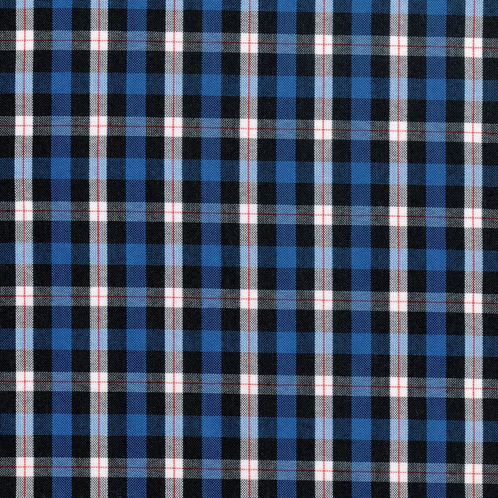 Tela de cuadros en tonos azul, negro, blanco y rojo para uniforme