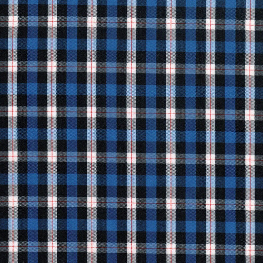 Tela de cuadros en tonos azul, negro, blanco y rojo para uniforme