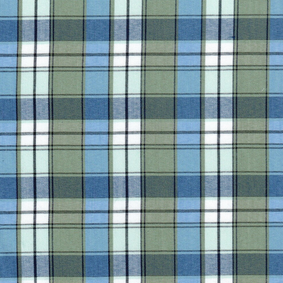Tela escocesa para uniforme en colores azul celeste, verde oliva y blanco con lineas negras