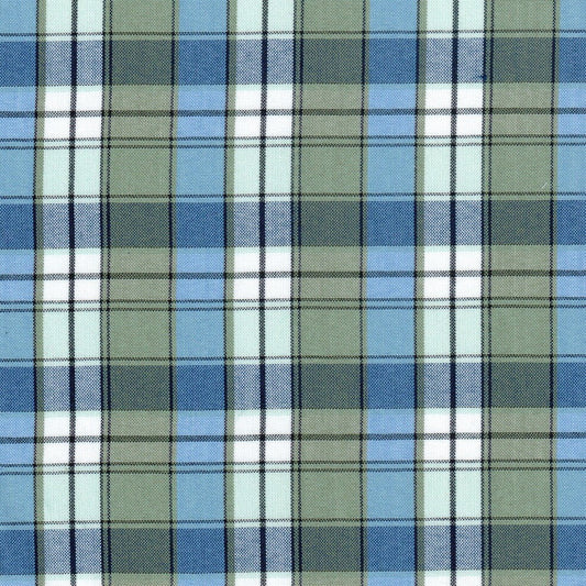 Tela escocesa para uniforme en colores azul celeste, verde oliva y blanco con lineas negras