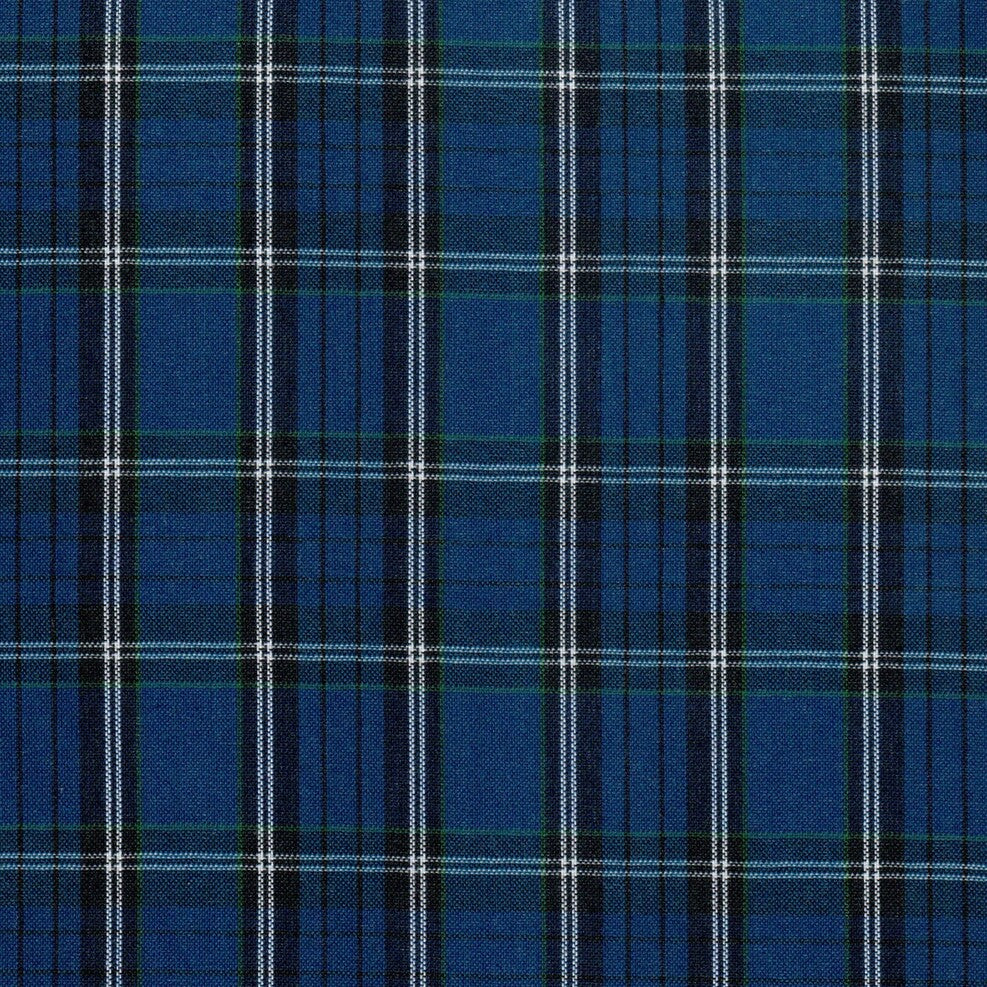Tela escocesa en color azul con franjas negras y lineas negras y blancas para uniforme
