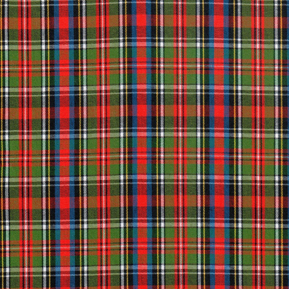 Tela para uniforme escocesa en tonos verde, rojo, negro y azul con lineas decorativas para uniforme
