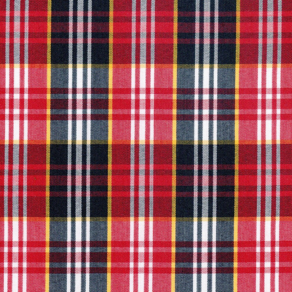 Tela con diseño clasico escoces en colores rojo y azul con lineas amarillas y blancas
