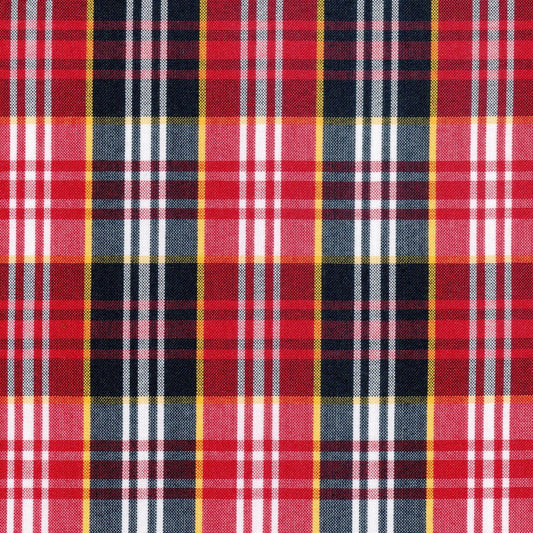 Tela con diseño clasico escoces en colores rojo y azul con lineas amarillas y blancas