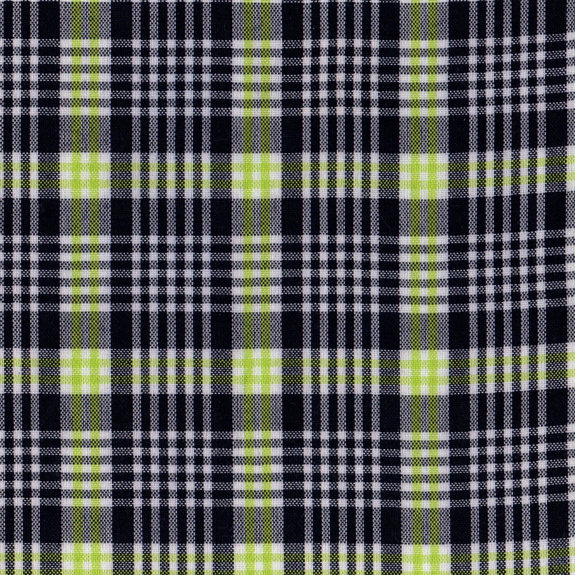 Tela a cuadros escoceses en colores blanco, negro y amarillo para uniforme.