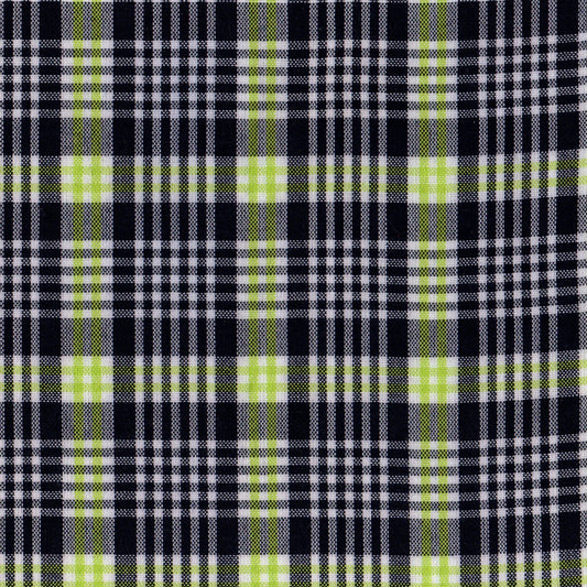 Tela a cuadros escoceses en colores blanco, negro y amarillo para uniforme.