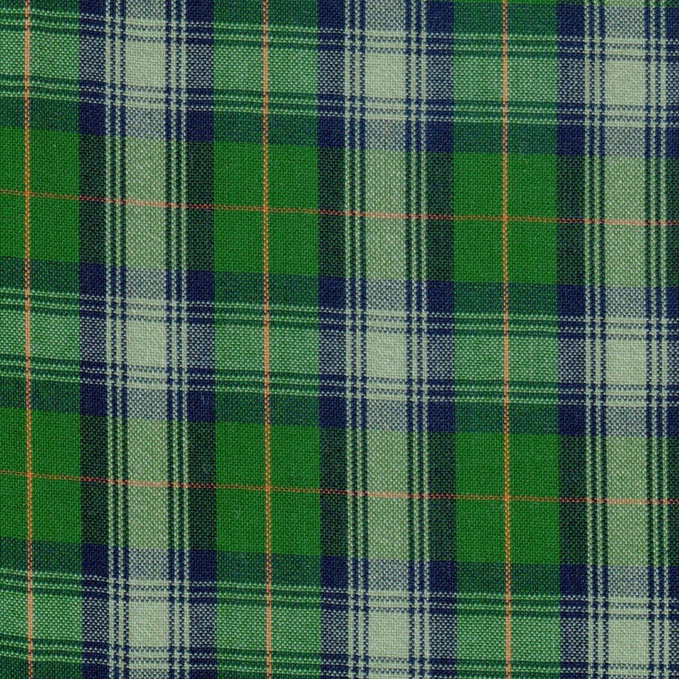 Tela 06014011 Lino jaspeado SchoolLine en verde y azul con líneas naranjas; ideal para uniformes escolares e institucionales.
