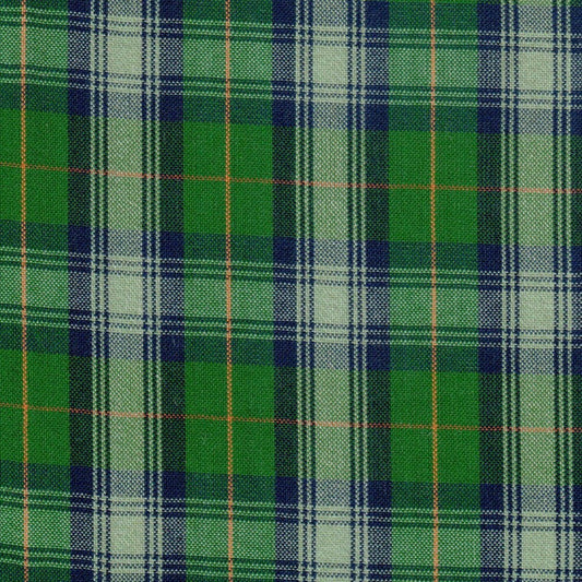 Tela 06014011 Lino jaspeado SchoolLine en verde y azul con líneas naranjas; ideal para uniformes escolares e institucionales.
