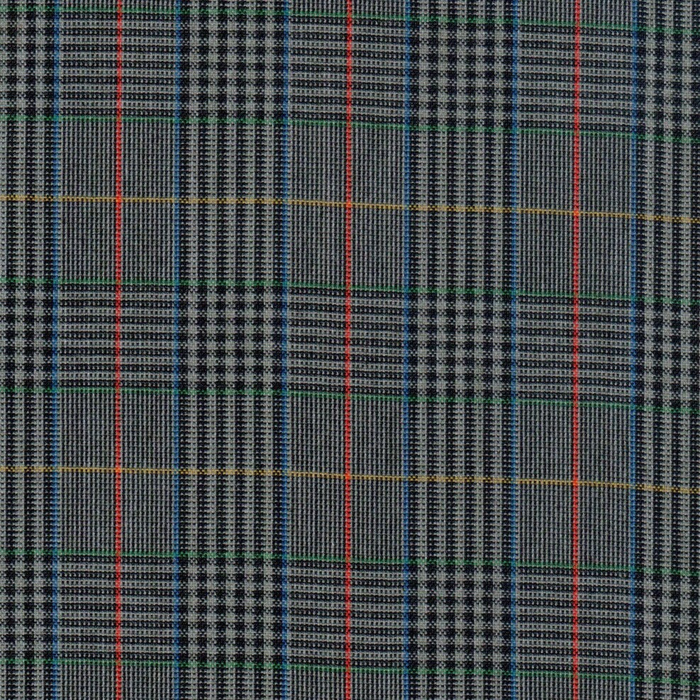 Tela 06014012 Lino SchoolLine jaspeada gris escocés con rayas rojas, azules y verdes para uniformes escolares.