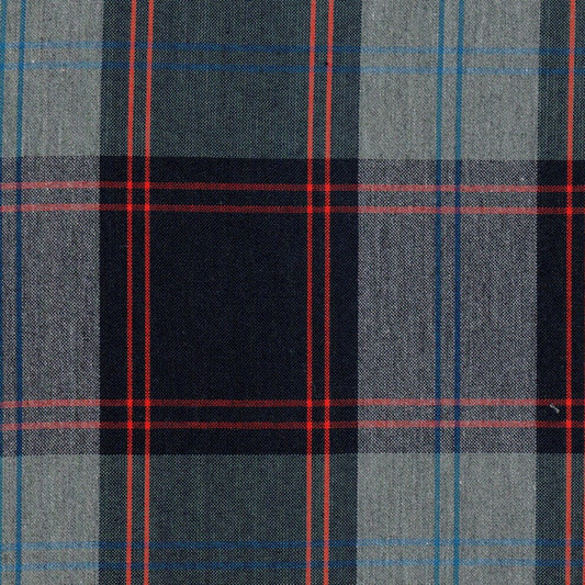 Tela jaspeada tipo tartán de SchoolLine en gris, azul marino y rojo; ideal para uniformes escolares e institucionales