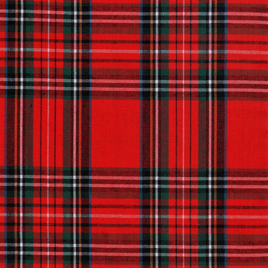 Tela SchoolLine 13002002 Dacron en rojo dominante con negro y franjas a cuadros; uso en uniformes escolares e institucionales.