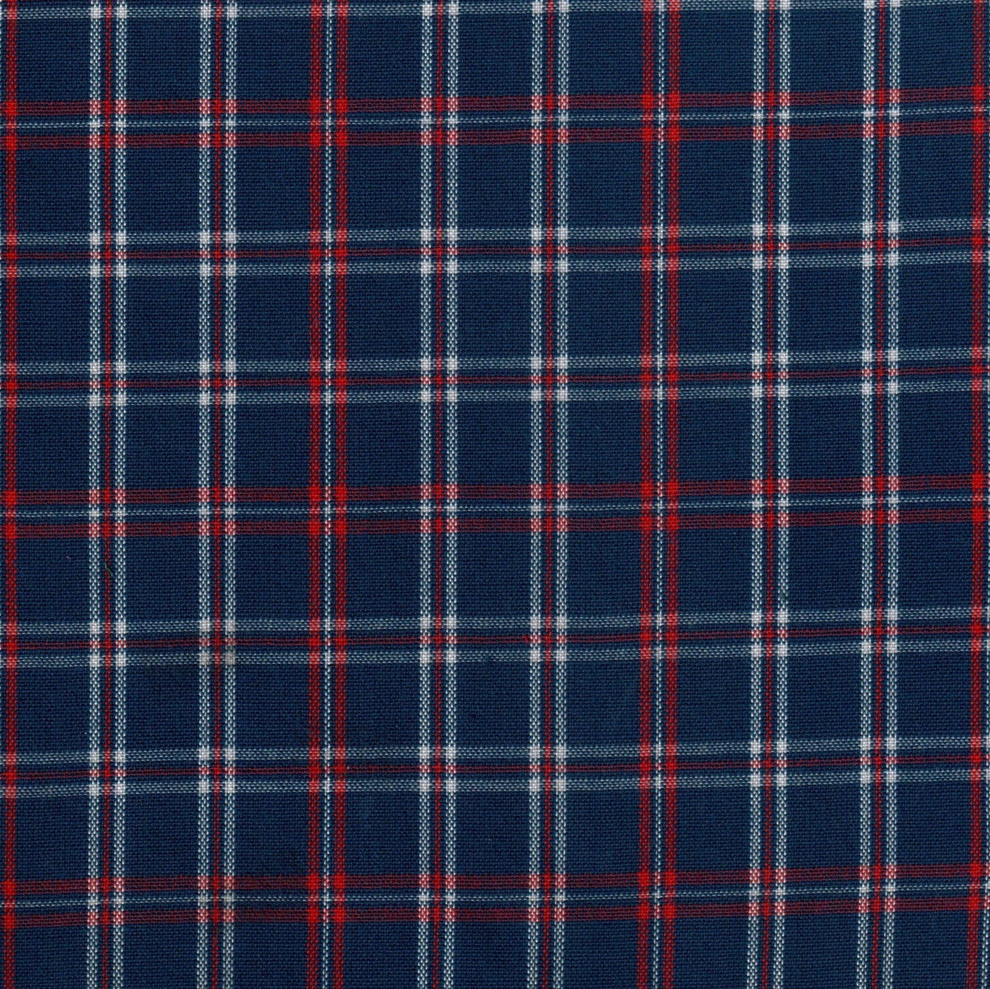 Tela Dacron SchoolLine: tela azul marino con diseño tartán de cuadros rojo y blanco, ideal para uniformes escolares e institucionales
