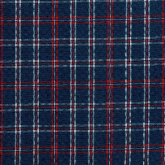Tela Dacron SchoolLine: tela azul marino con diseño tartán de cuadros rojo y blanco, ideal para uniformes escolares e institucionales