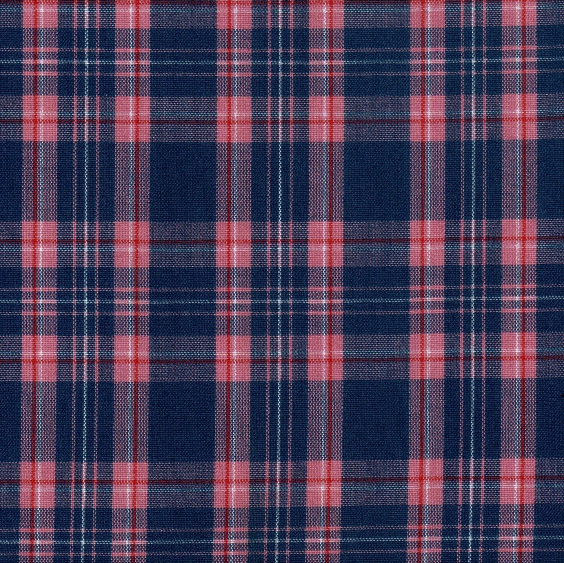 Tela Dacron SchoolLine para uniformes, plaid navy y rojo con líneas blancas; uso escolar e institucional.