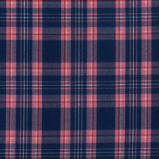 Tela Dacron SchoolLine para uniformes, plaid navy y rojo con líneas blancas; uso escolar e institucional.