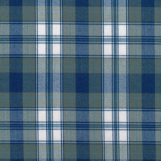 Tela tartán azul de cuadros con blanco y tramas blancas; tela SchoolLine para uniformes escolares e institucionales.