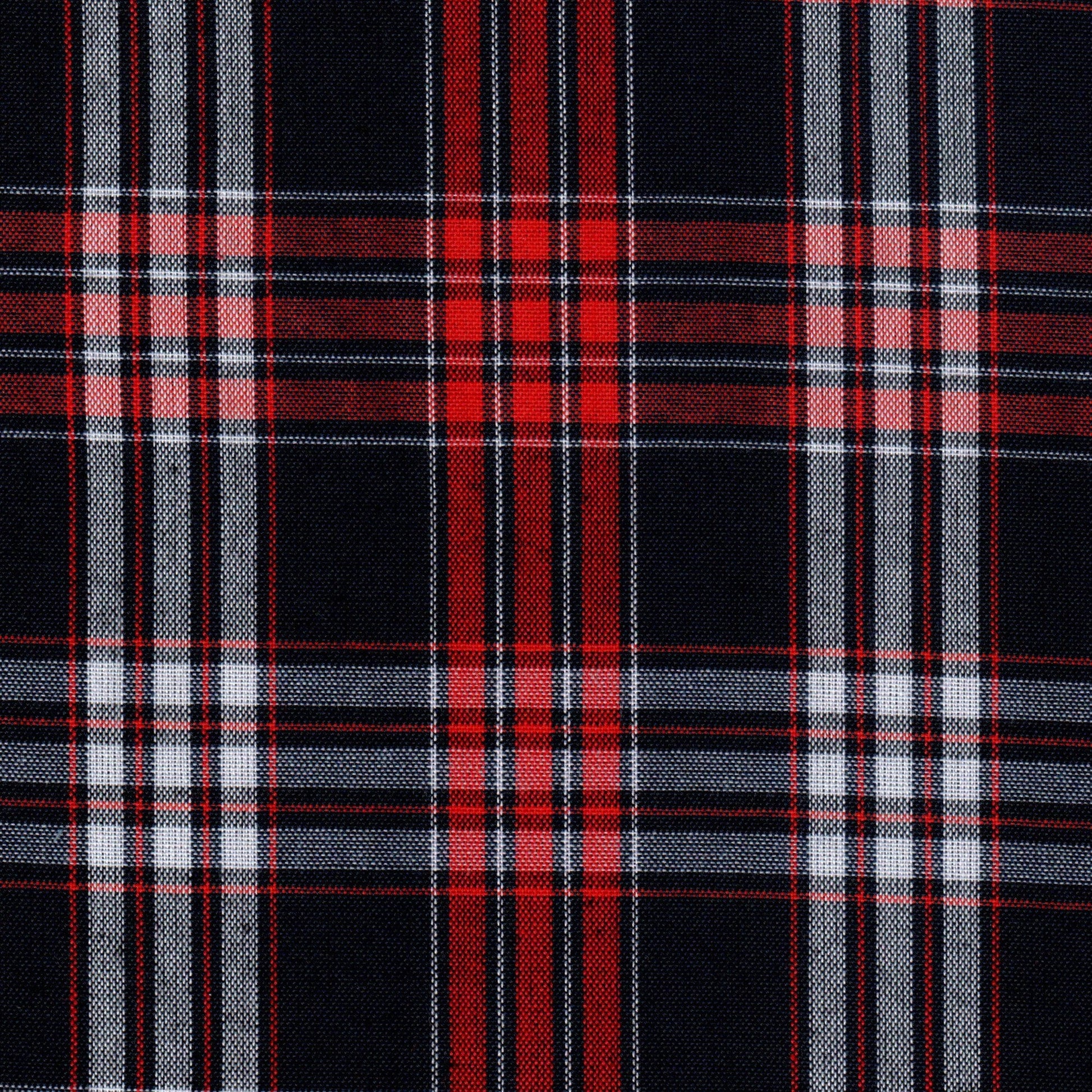 Tela 13002039 Dacron SchoolLine: tartán negro, rojo y blanco; ideal para uniformes escolares.