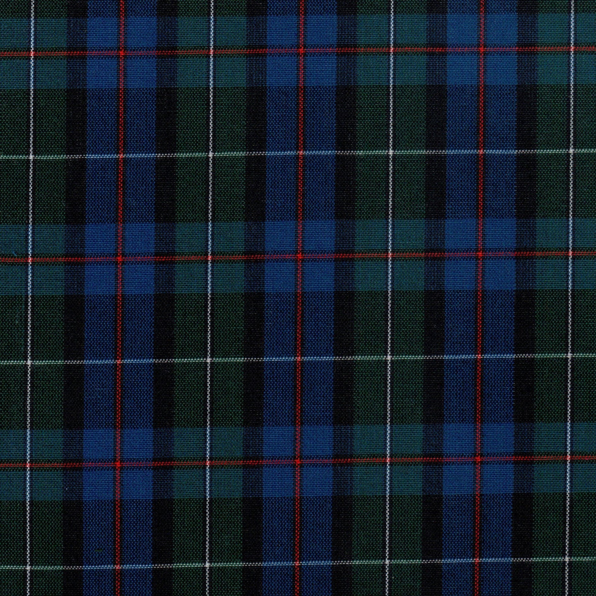 Tela tartán SchoolLine en azul/verde con negro y líneas rojas; tela para uniformes escolares e institucionales.