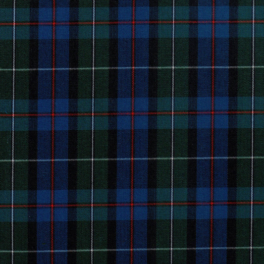 Tela tartán SchoolLine en azul/verde con negro y líneas rojas; tela para uniformes escolares e institucionales.