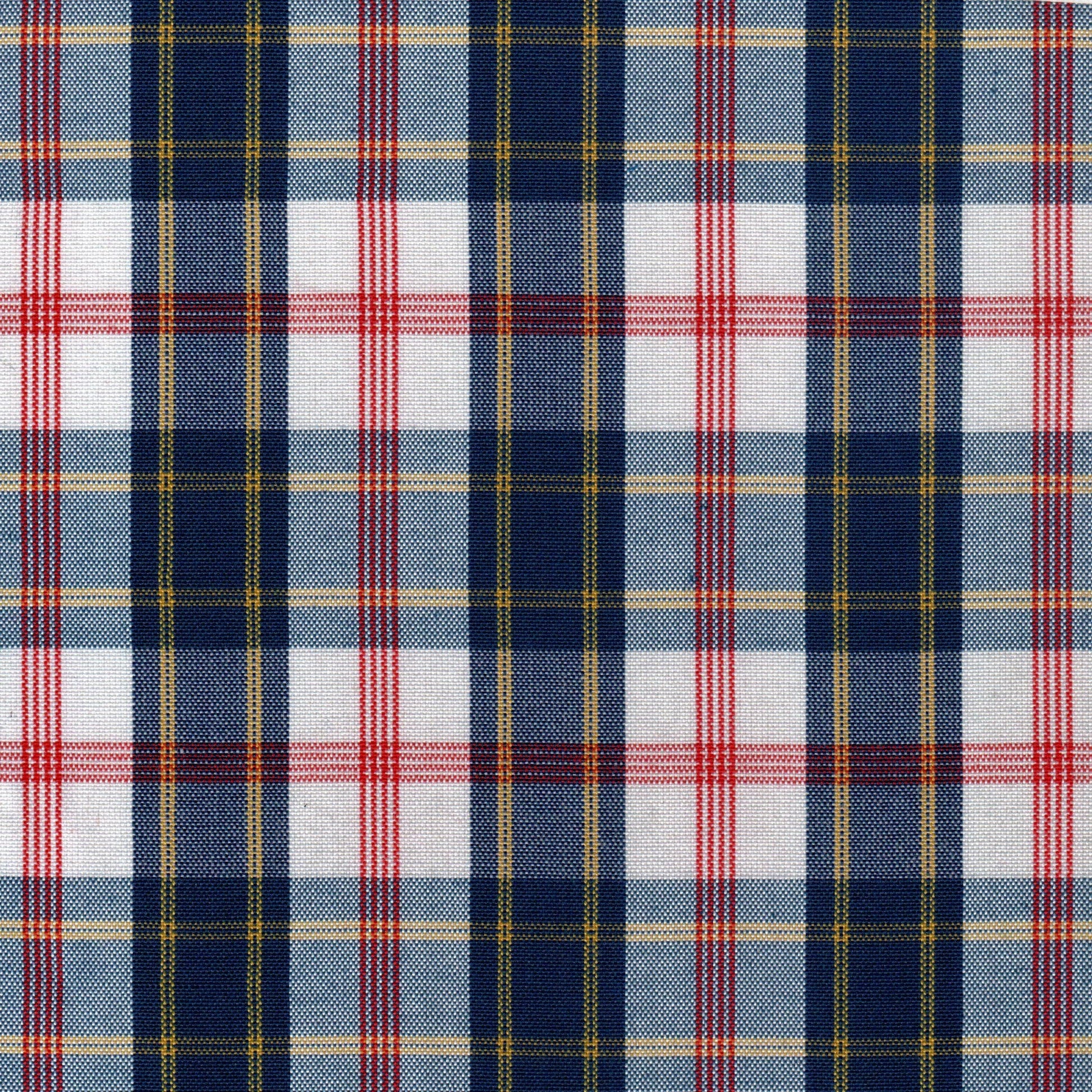 Tela 13002043 Dacron SchoolLine: tela a cuadros azul marino, blanco y rojo con líneas amarillas, para uniformes escolares.