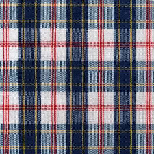 Tela 13002043 Dacron SchoolLine: tela a cuadros azul marino, blanco y rojo con líneas amarillas, para uniformes escolares.