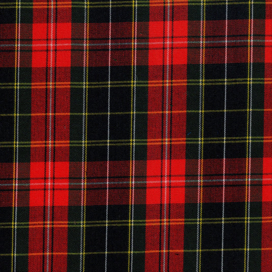 Tela Dacron SchoolLine 13002047 en plaid rojo/negro con líneas amarillas; tela ideal para uniformes escolares e institucionales.